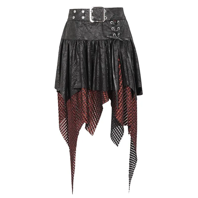 Damen Gothic-Rock mit unregelmäßiger Mesh-Splice-Schnalle, Rot