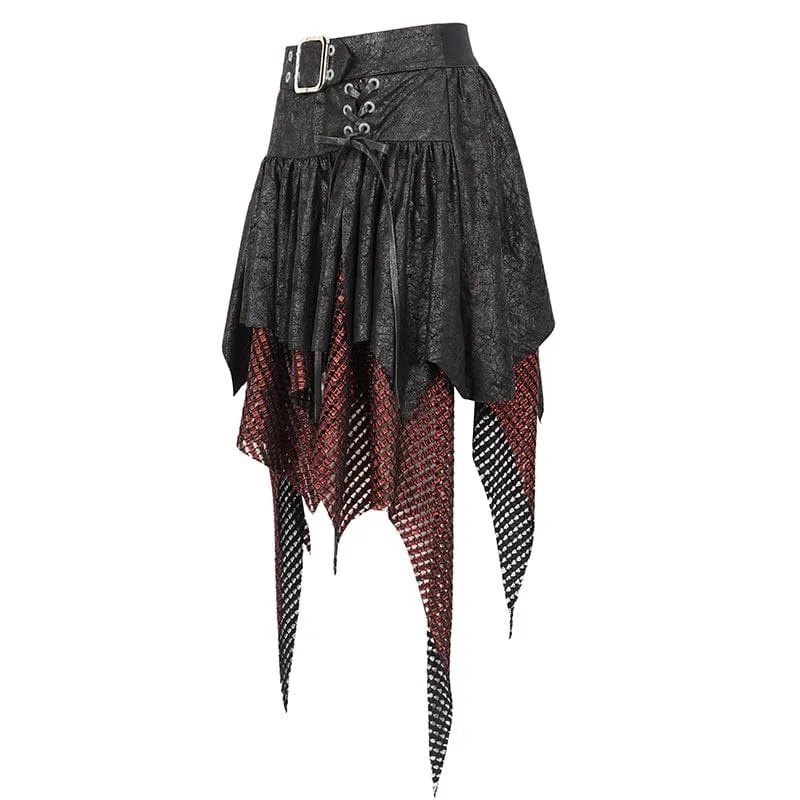 Damen Gothic-Rock mit unregelmäßiger Mesh-Splice-Schnalle, Rot