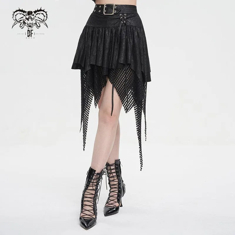 Gothic-Rock für Damen mit unregelmäßigem Mesh-Splice-Schnallenmuster, Schwarz