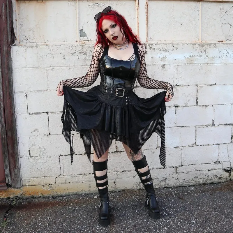 Gothic-Rock für Damen mit unregelmäßigem Mesh-Splice-Schnallenmuster, Schwarz