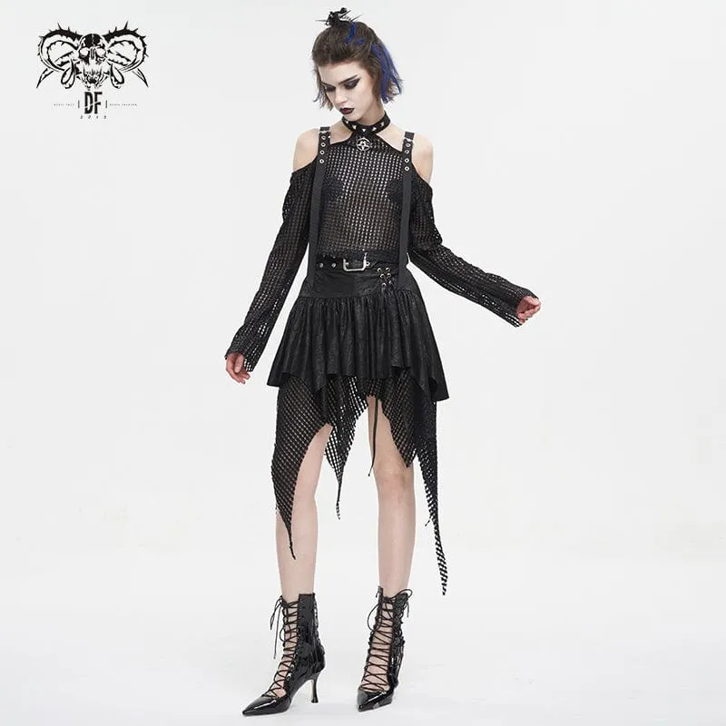 Gothic-Rock für Damen mit unregelmäßigem Mesh-Splice-Schnallenmuster, Schwarz