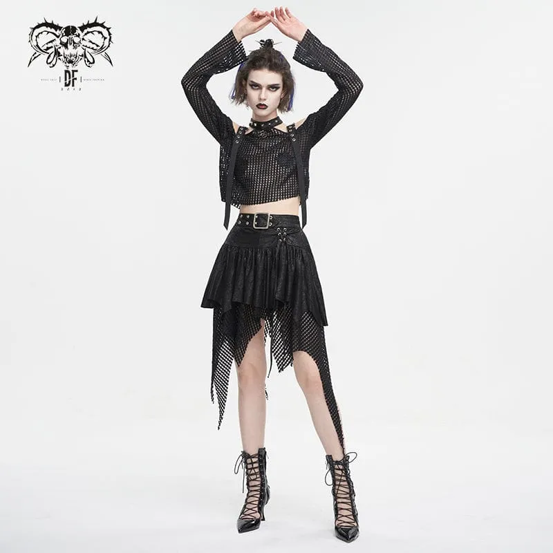 Gothic-Rock für Damen mit unregelmäßigem Mesh-Splice-Schnallenmuster, Schwarz