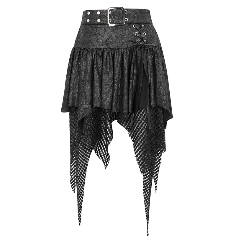Gothic-Rock für Damen mit unregelmäßigem Mesh-Splice-Schnallenmuster, Schwarz