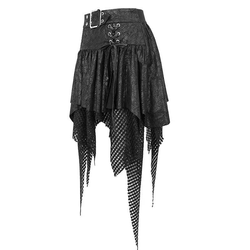 Gothic-Rock für Damen mit unregelmäßigem Mesh-Splice-Schnallenmuster, Schwarz
