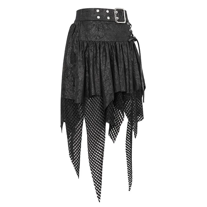 Gothic-Rock für Damen mit unregelmäßigem Mesh-Splice-Schnallenmuster, Schwarz