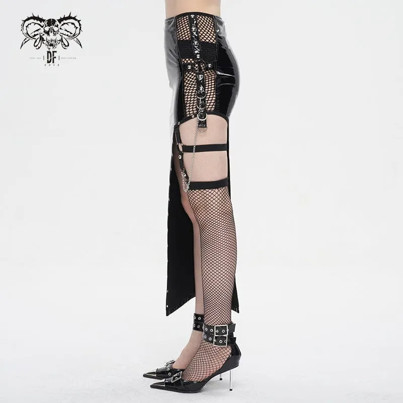 Unregelmäßiger Punk-Lacklederrock für Damen mit Netzstrumpf
