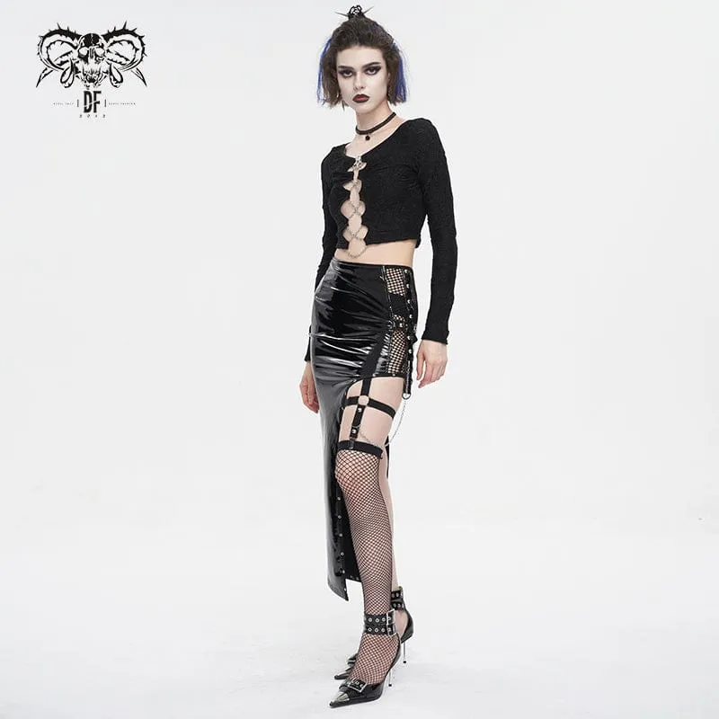 Unregelmäßiger Punk-Lacklederrock für Damen mit Netzstrumpf
