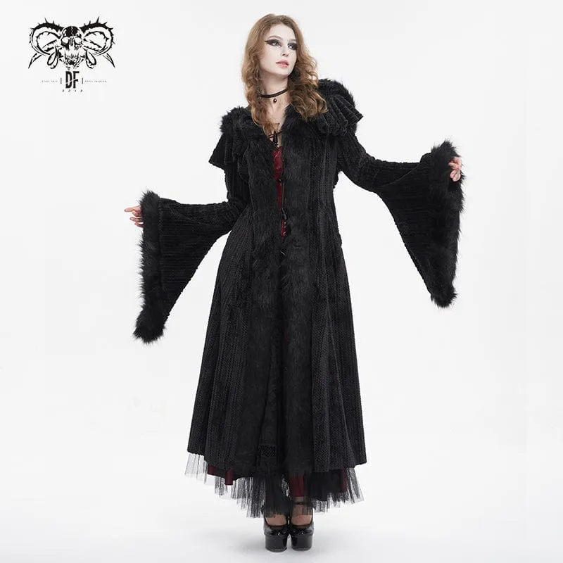 Flauschiger Gothic-Mantel für Damen mit ausgestellten Ärmeln und Kapuze