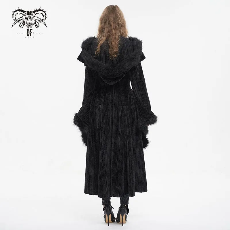 Flauschiger Gothic-Mantel für Damen mit ausgestellten Ärmeln und Kapuze