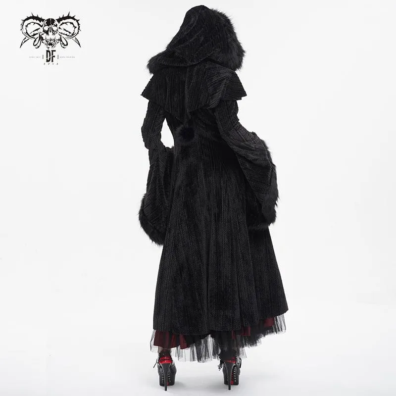 Flauschiger Gothic-Mantel für Damen mit ausgestellten Ärmeln und Kapuze