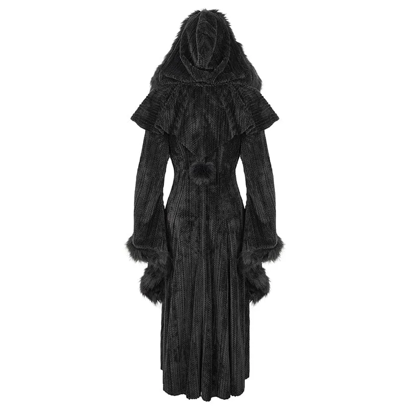 Flauschiger Gothic-Mantel für Damen mit ausgestellten Ärmeln und Kapuze