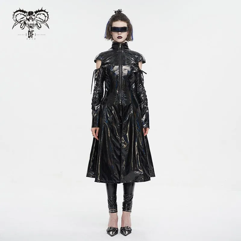 Damen-Punk-Mantel aus Lackleder mit Schnürung und Mesh-Splice-Effekt