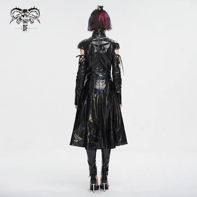 Damen-Punk-Mantel aus Lackleder mit Schnürung und Mesh-Splice-Effekt