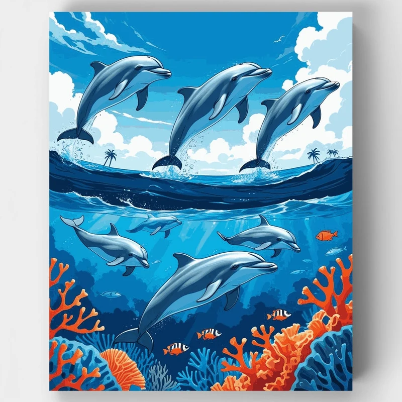 Dolphins Playing in Ocean Waves - Paint by Numbers Kit
