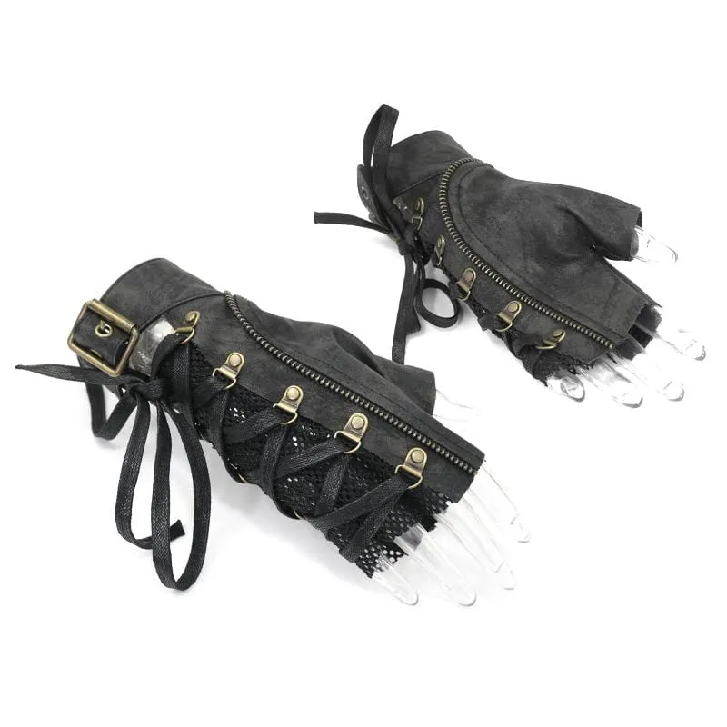 Herren Punk Schnür-Mesh Kunstleder Halbhandschuhe