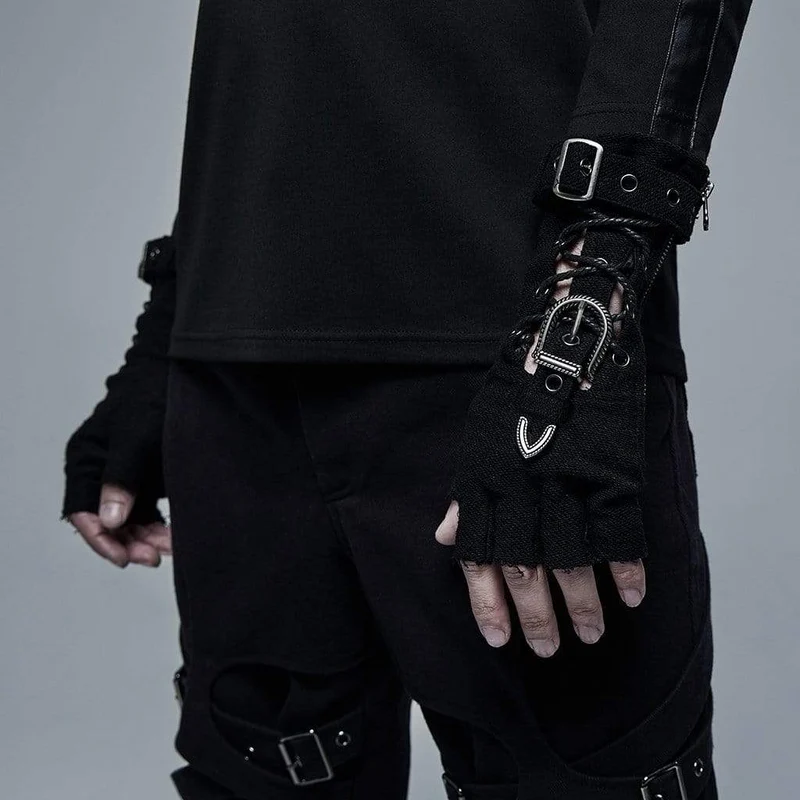 Herren Punk Riemchen Cutout Schnallen Schwarze Handschuhe