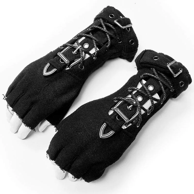 Herren Punk Riemchen Cutout Schnallen Schwarze Handschuhe
