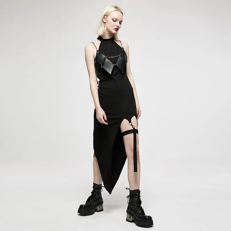 Damen Punk Neckholder Off Shoulder Schmal geschnittenes Kleid mit Strumpfband