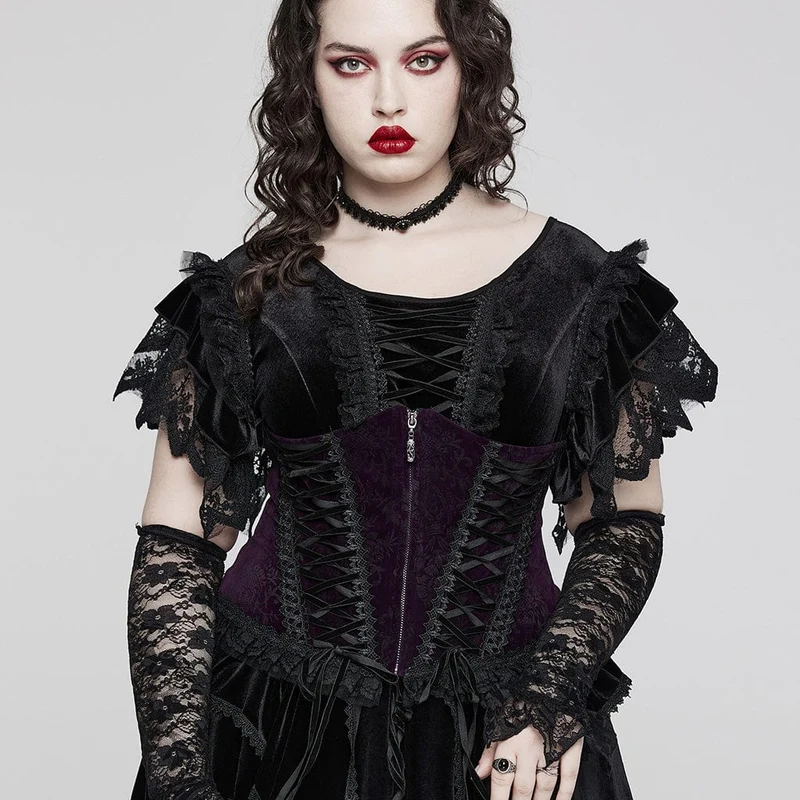 Damen-Unterbrustkorsett im Gothic-Stil mit Riemchen und Rüschen aus Samt in Übergröße