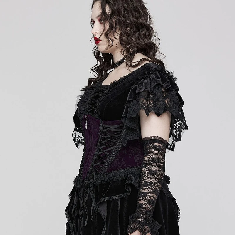 Damen-Unterbrustkorsett im Gothic-Stil mit Riemchen und Rüschen aus Samt in Übergröße