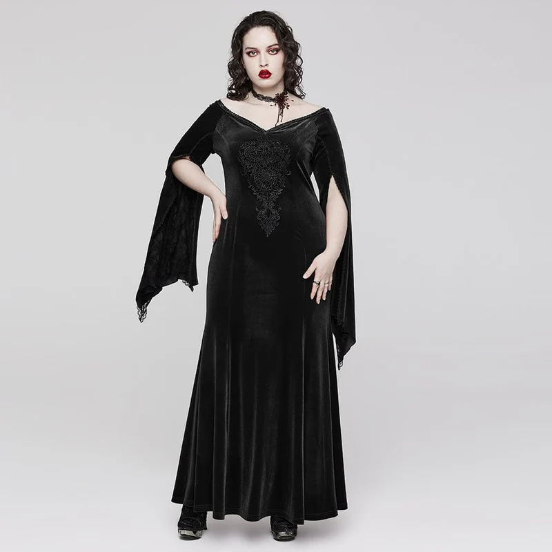 Damen-Brautkleid aus Samt in Übergröße im Gothic-Stil mit ausgestellten Ärmeln und Blumenstickerei