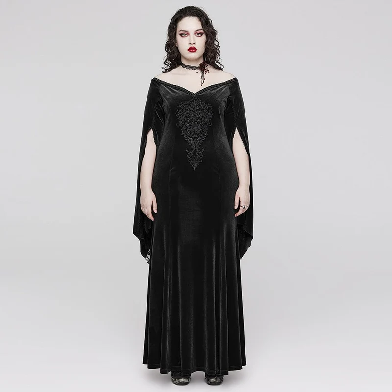 Damen-Brautkleid aus Samt in Übergröße im Gothic-Stil mit ausgestellten Ärmeln und Blumenstickerei