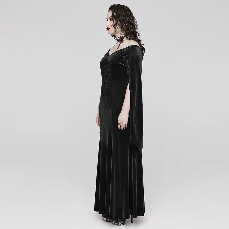 Damen-Brautkleid aus Samt in Übergröße im Gothic-Stil mit ausgestellten Ärmeln und Blumenstickerei