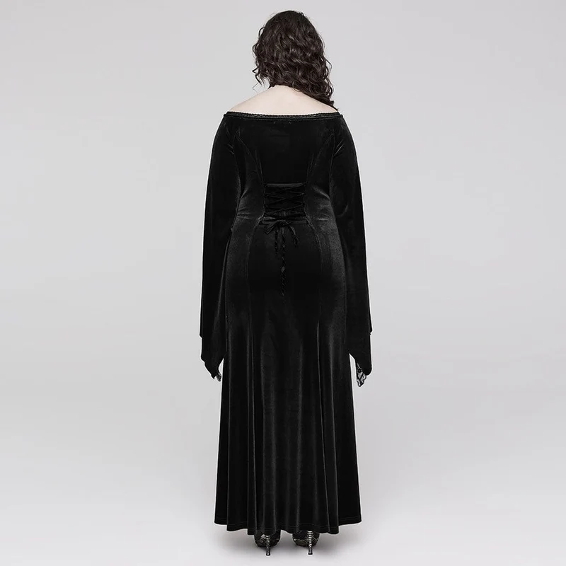 Damen-Brautkleid aus Samt in Übergröße im Gothic-Stil mit ausgestellten Ärmeln und Blumenstickerei