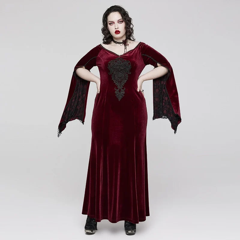 Damen-Brautkleid aus Samt in Übergröße im Gothic-Stil mit ausgestellten Ärmeln und Blumenstickerei