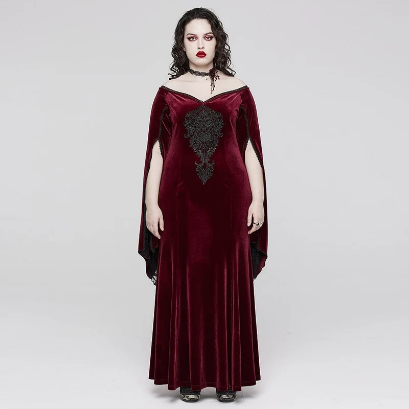Damen-Brautkleid aus Samt in Übergröße im Gothic-Stil mit ausgestellten Ärmeln und Blumenstickerei