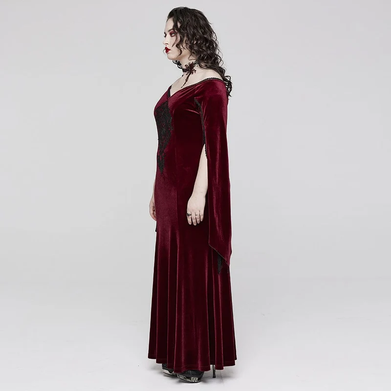 Damen-Brautkleid aus Samt in Übergröße im Gothic-Stil mit ausgestellten Ärmeln und Blumenstickerei