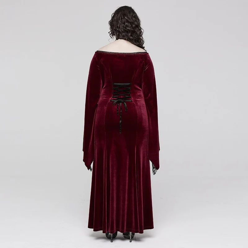 Damen-Brautkleid aus Samt in Übergröße im Gothic-Stil mit ausgestellten Ärmeln und Blumenstickerei