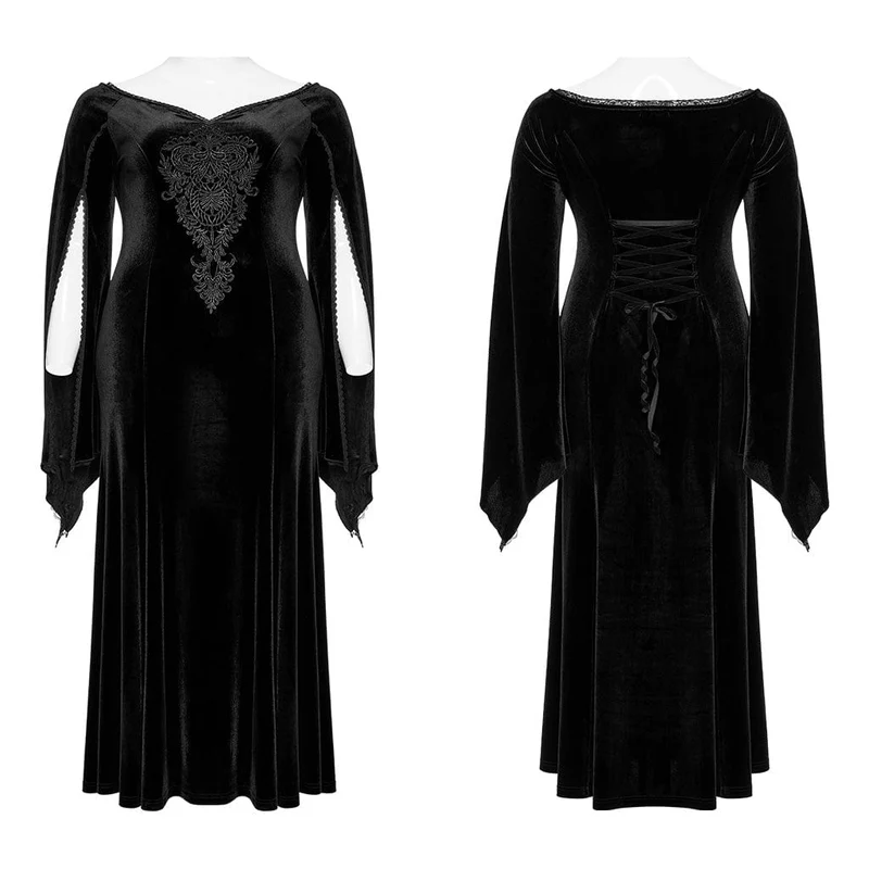 Damen-Brautkleid aus Samt in Übergröße im Gothic-Stil mit ausgestellten Ärmeln und Blumenstickerei