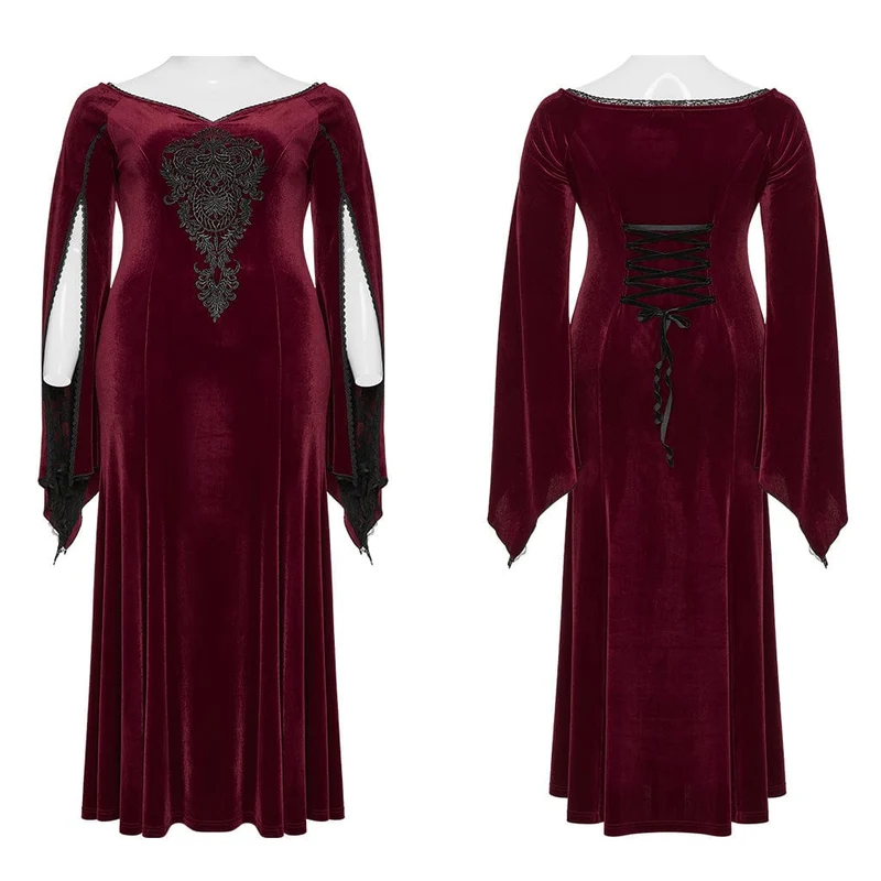 Damen-Brautkleid aus Samt in Übergröße im Gothic-Stil mit ausgestellten Ärmeln und Blumenstickerei