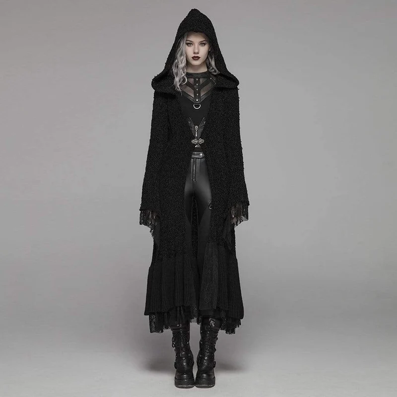 Frauen Goth Multilayer Hooded Woolen Cardigan mit Spitzenärmeln