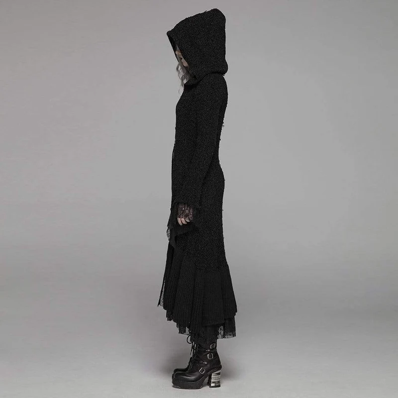 Frauen Goth Multilayer Hooded Woolen Cardigan mit Spitzenärmeln