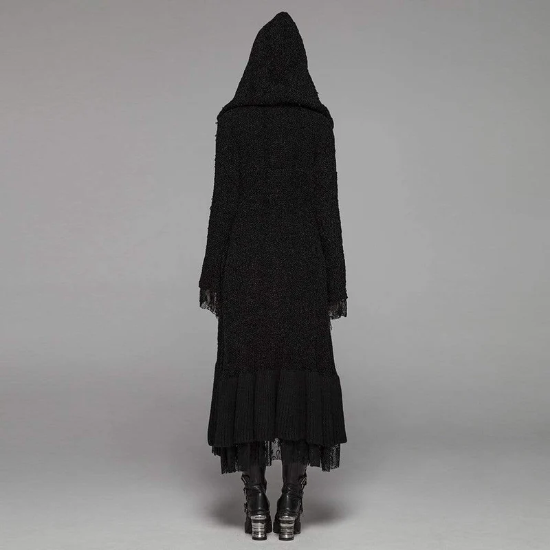 Frauen Goth Multilayer Hooded Woolen Cardigan mit Spitzenärmeln