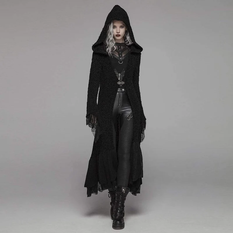 Frauen Goth Multilayer Hooded Woolen Cardigan mit Spitzenärmeln