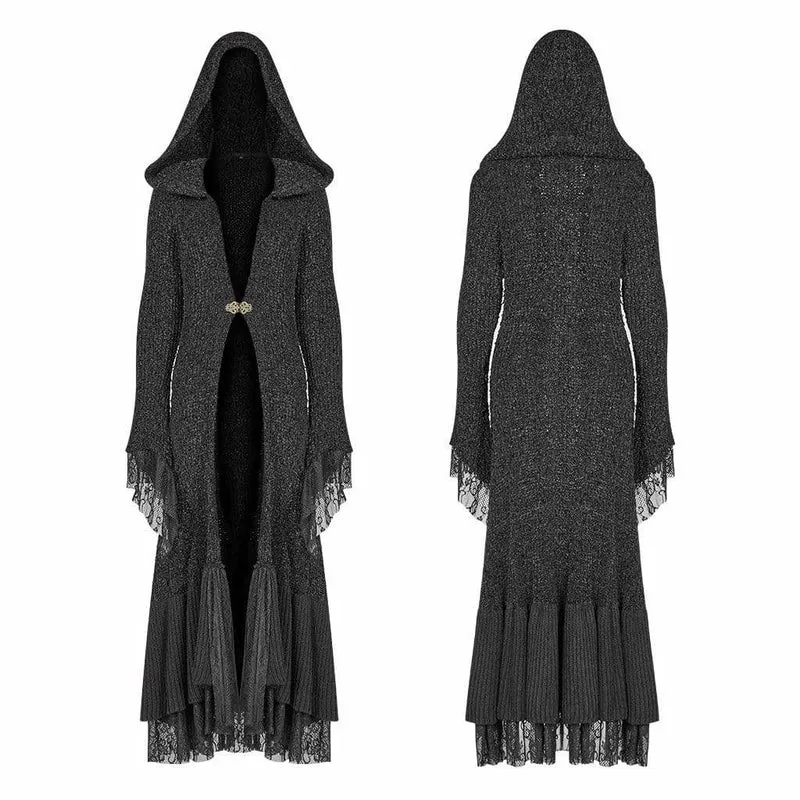 Frauen Goth Multilayer Hooded Woolen Cardigan mit Spitzenärmeln