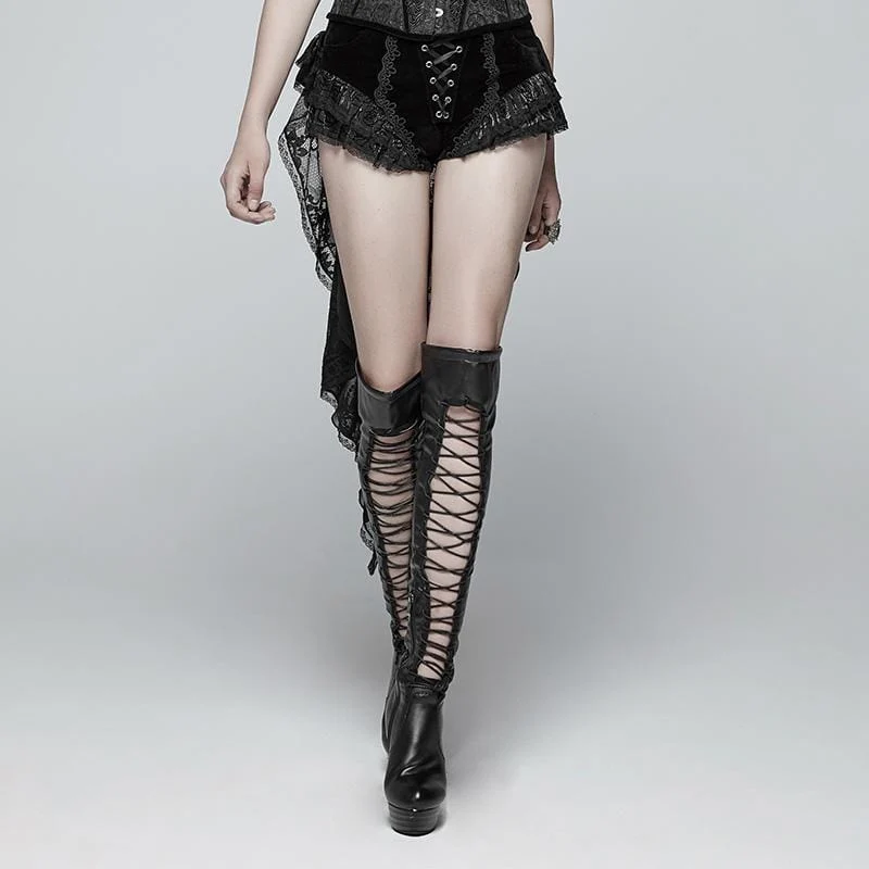 Frauen Lolia Lace-up Lace Hem Velvet Shorts mit langen Rüschen