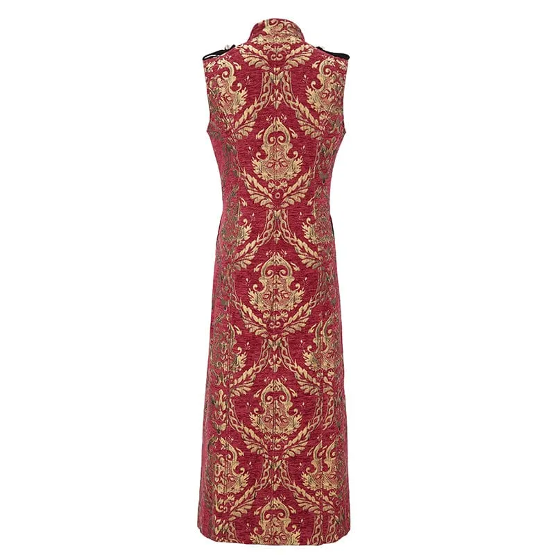 Herren Gothic Stehkragen Totem bestickte Weste Rot
