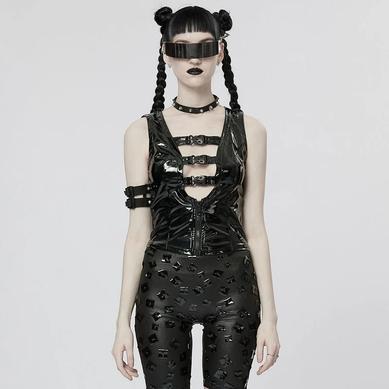 Damen Punk Tiefschnallen Lacklederweste