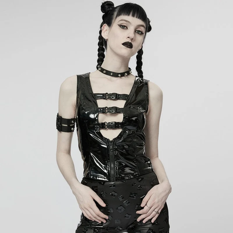 Damen Punk Tiefschnallen Lacklederweste
