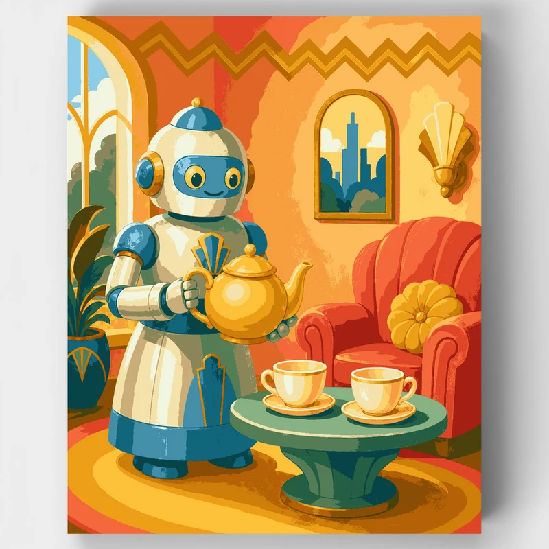 Art Deco Robot Butler Tea Time - Paint by Numbers Kit
