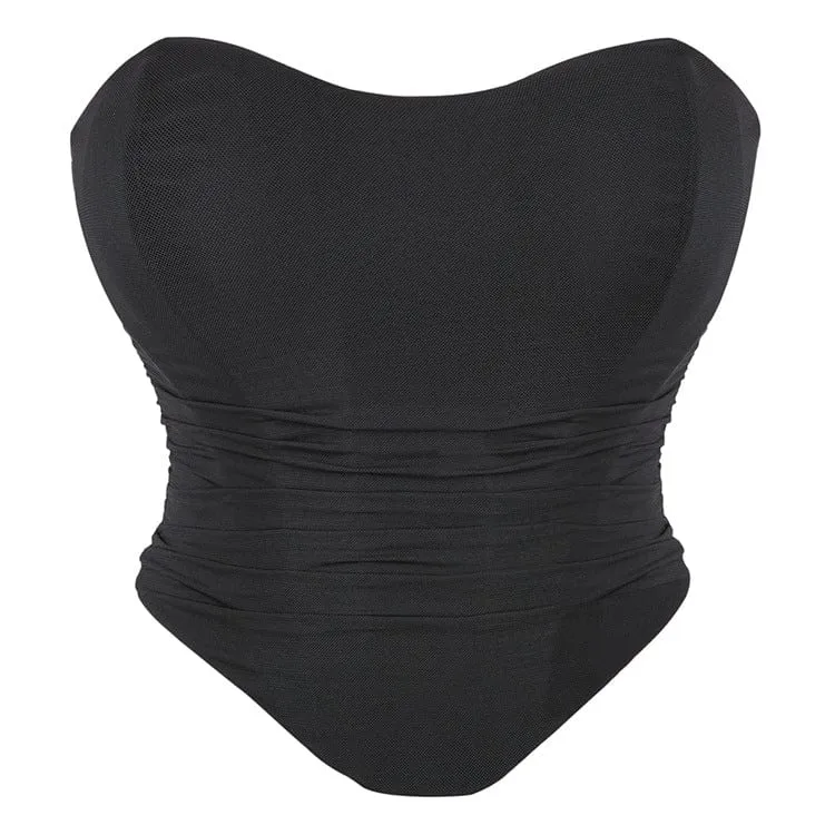 Damen Gothic Strappy Ruched Mesh Overbust Korsett
