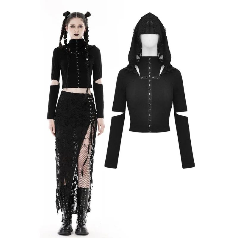 Punk-Crop-Top für Damen mit Ösenausschnitt und zerrissener Kapuze