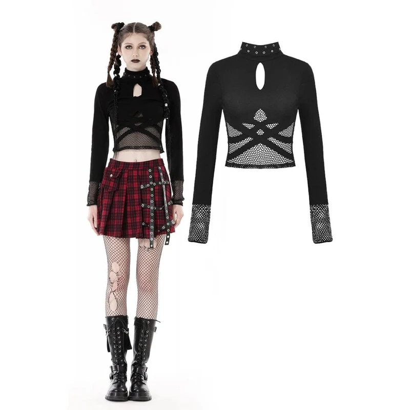 Damen Punk Cutout Mesh Splice Crop Top