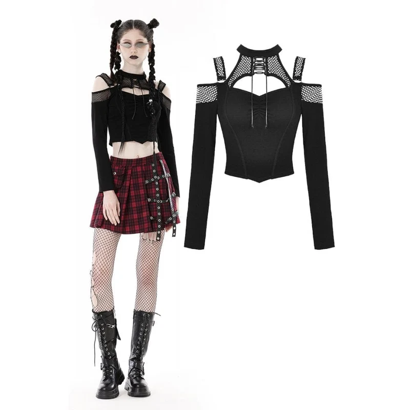 Damen Punk Off Shoulder Mesh Splice Crop Top