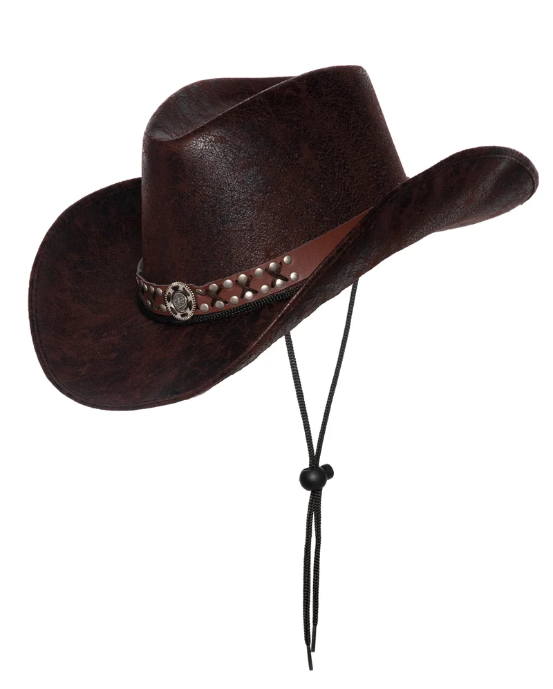 Brauner Cowboyhut mit verziertem Hutband & Kordel