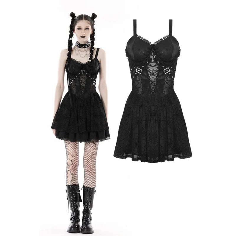 Punk-Slipkleid mit Spinnennetz-Print für Damen, Abschlusskleid